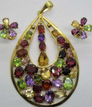 Multi Stone Tear Drop  Pendent with Earrings